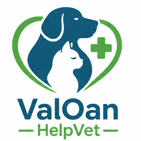 Logo ValOan HelpVet, cabinet veterinar Babadag: câine și pisică într-o inimă cu cruce medicală