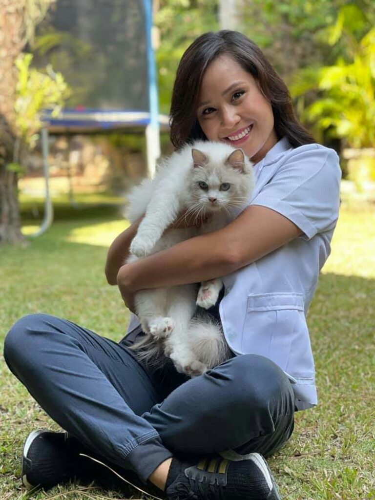 Medic veterinar ținând în brațe o pisică albă pufoasă